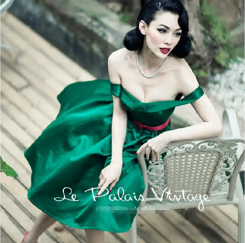 

Retro classic sexy Slash neck low-cut emerald fashion temperament 50S 60S retro Hepburn style tutu dress