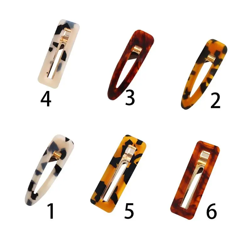 

Women Girls Korean Vintage Tortie Side Hair Clips Geometric Rectangle Water Drop Shape Hairgrips Retro Leopard Printed Acrylic D
