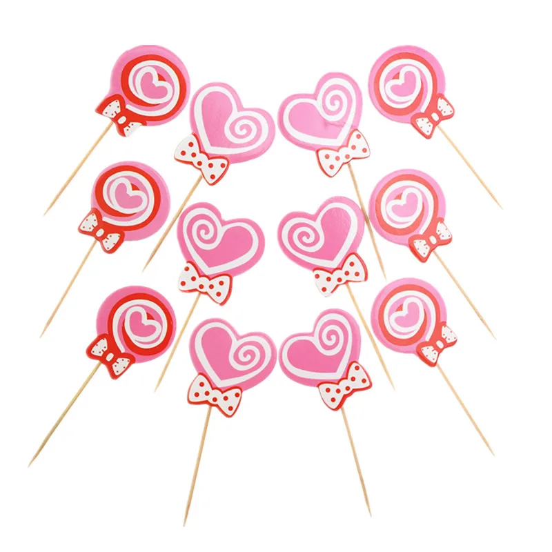 120pcs/lot Sweet Love Heart pink Lollipop Happy Birthday Cake Topper Flags For Birthday Wedding Party Cake Baking Decor