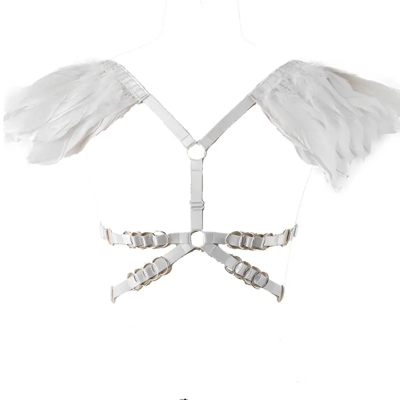 

White Feather Angel Wings Body Harness Adjust Lingerie Epaulette Tops Gothic O-ring Cage Bra Steampunk BurningMan Dance Rave