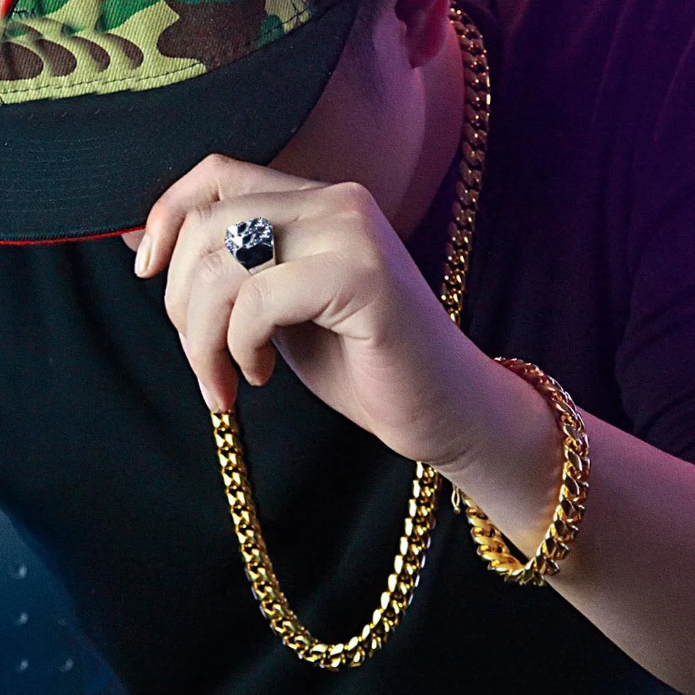 8mm/10mm/12mm/14mm Stainless Steel Miami Cuban Chain Necklace Bracelet Boy Men Fashion Dragon Lock Clasp Hip hop Jewelry Set