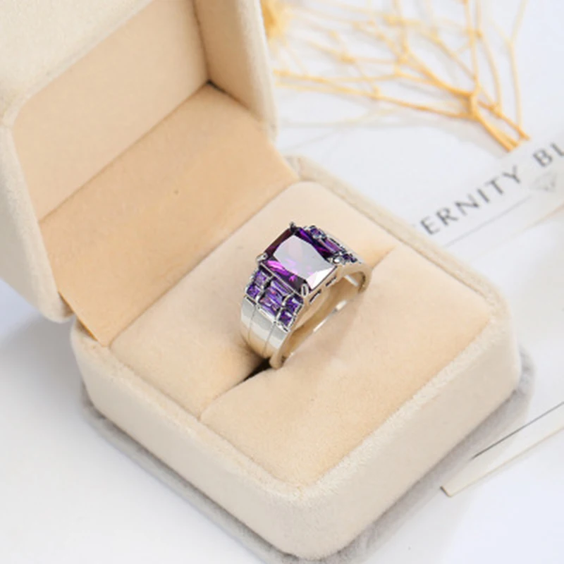 Qevila Hot Fashion Natural Amethyst Gemstones Ring Plated White Gold Handmade Engagement Party Rings for Women Men Jewelry Gifts Boho (2)