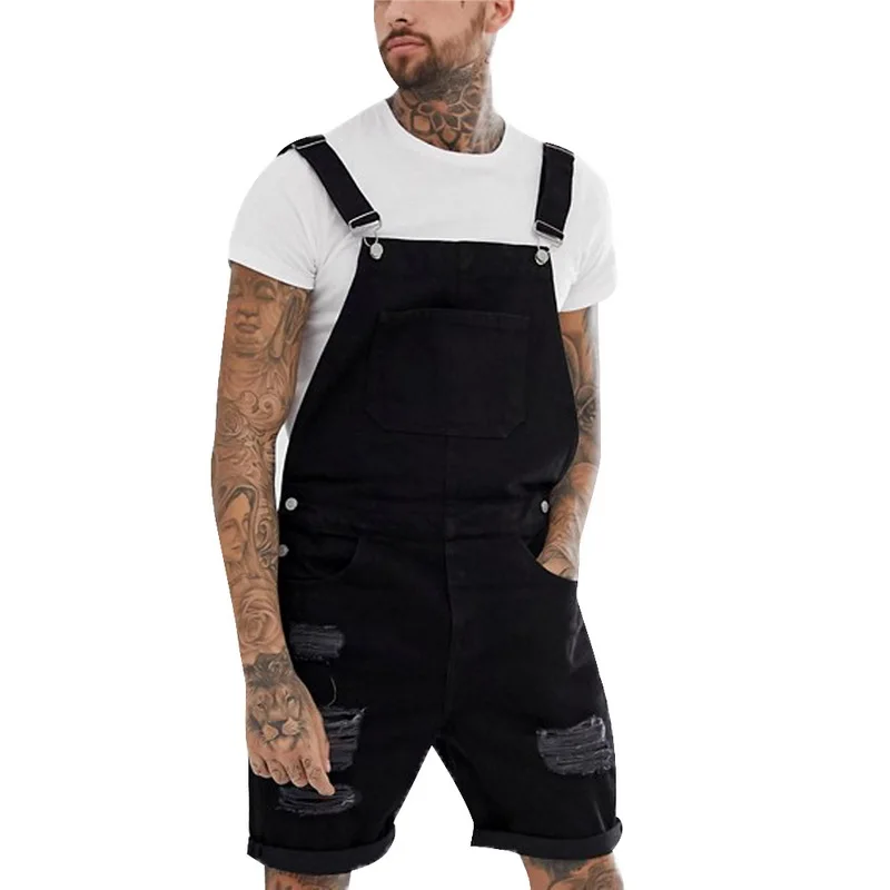 

MJARTORIA Summer Fashion Male Ripped Jeans Jumpsuits Shorts Street Style Distressed Holed Overalls Mens Casual Suspender Pant