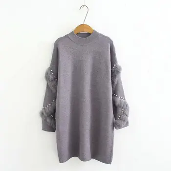 

3 Colors 2018 Autumn Pearl Beads Fur Pullover Sweater Dress Women Long Sleeve Tunic Midi Knitted Dress