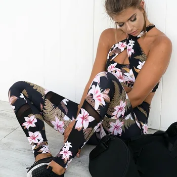 

2020 Polyester Direct Selling Above Knee, Mini Sleeveless Cotton Winter New Flower Print Cross Strap Vest Shirt Trousers Suit