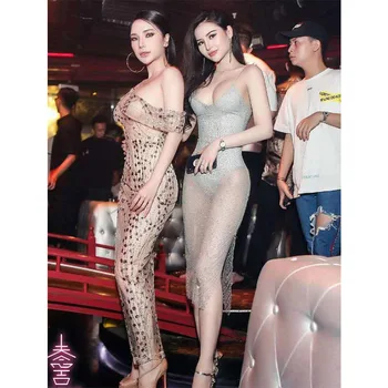 

KLEEZY 2019 New Summer Women Dress Vestidos Spaghetti Strap Sexy Diamonds Hollow Out Midi Club Celebrity Party Dresses BY971