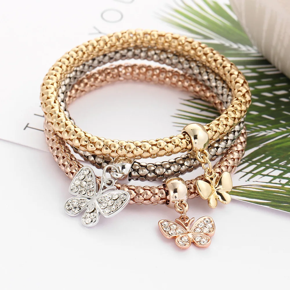 

6Style 3Pcs/Set Crystal Owl Heart Charm Bracelets Bangles Gold/Silver Plated Elephant Pendants Rhinestone Bracelets For Women