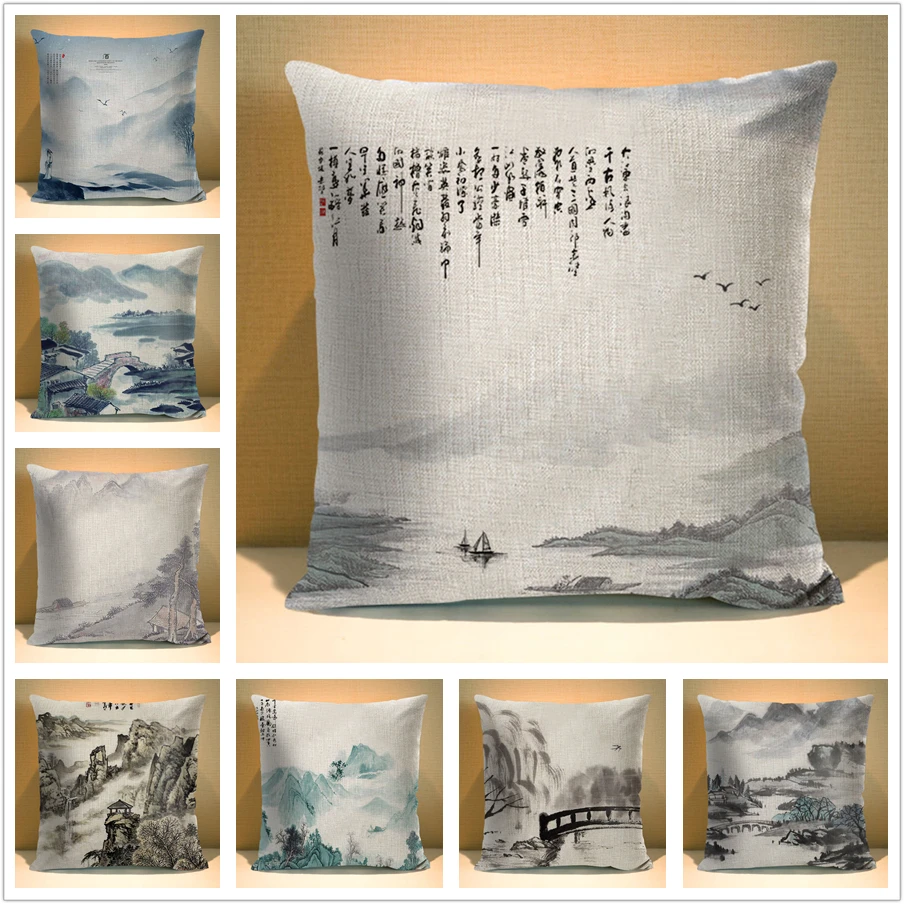 

Chinese Ink beautiful Pillow case Linen Cotton 45*45 Square Decorative Cushion Cover for Sofa Home Printed Throw Pillowcase