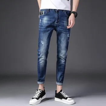 

Hole Summer Mens Jeans Brand Black Slim Fit Denim Jeans Ripped Ankle-length pant Jeans Homme Plus Size