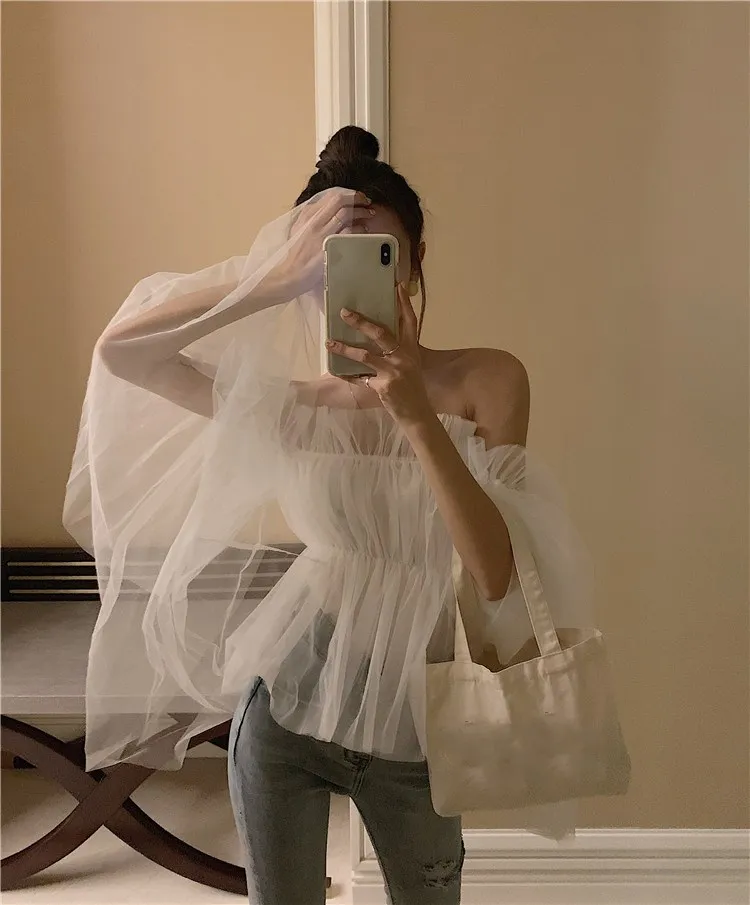 Summer Slash Neck White Blouse Lace Women New Chic Flare Sleeve Casual Mesh Top Sexy Bare Shoulder Elegant Shirt