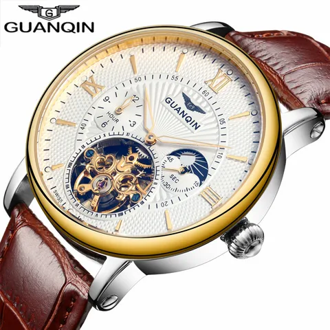 Relógios de Luxo Moda Guanqin Masculino Marca Superior Esqueleto Relógio Esporte Couro Tourbillon Automático Pulso Mecânico 2020