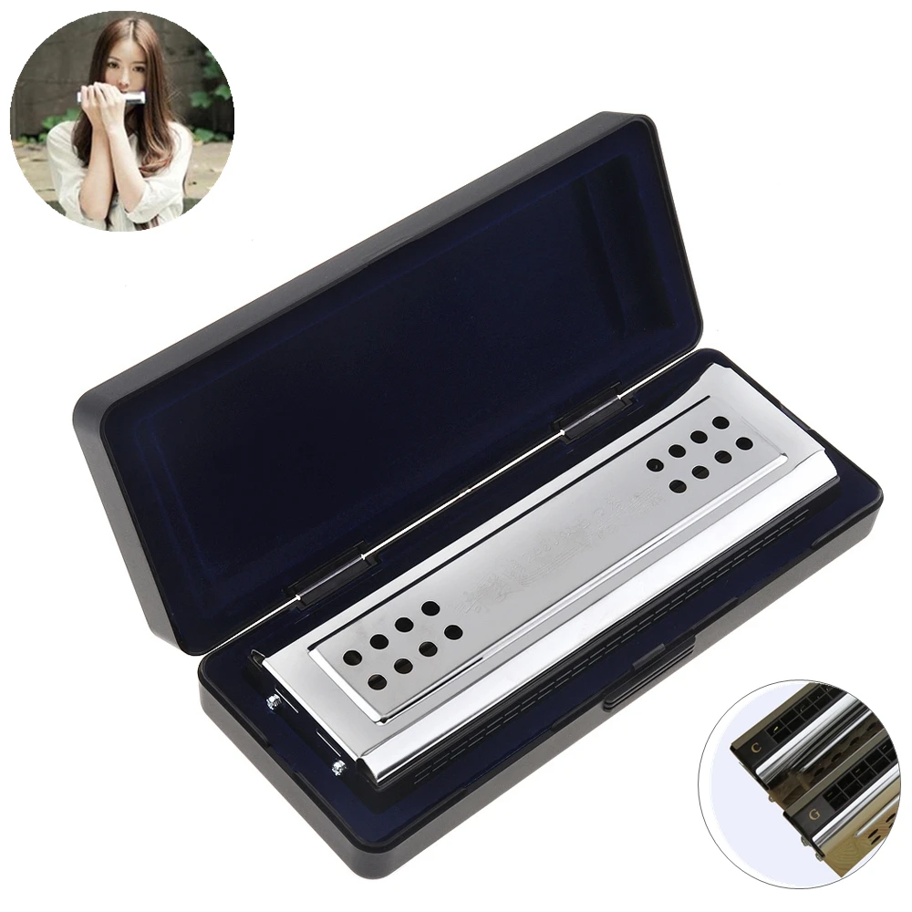 

Professional 24 Holes Key Of C&G Silver Double-side Tremolo Harmonica for Adults Beginner and Children