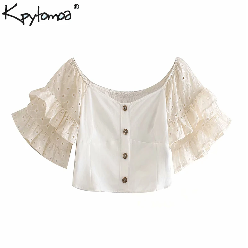 

Vintage Embroidery Hollow Out Short Style Tops Women Blouses 2019 Fashion Flare Sleeve Back Elastic Shirts Casual Blusas Mujer