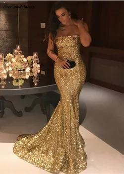

Sparkly Gold Sequin Prom Dresses 2019 Strapless Mermaid Sweep Train Modest Vestidos De Festa Evening Party Gowns Plus Size