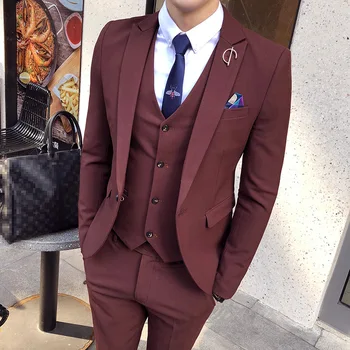 

Men Prom Designs Mens Suits Wedding Costume Homme Wine Red Single Breasted Suits 3 Pieces Slim Fit Ternos Masculinos 2019