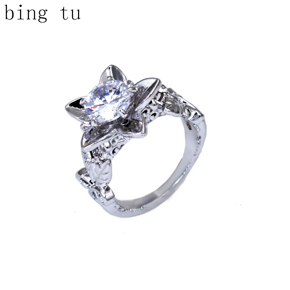 Bing Tu Silver Color Delicate Rose Flower Leaves CZ Crystal Stone Rings For Women Wedding Finger Jewelry Floral Ring bague femme | Украшения
