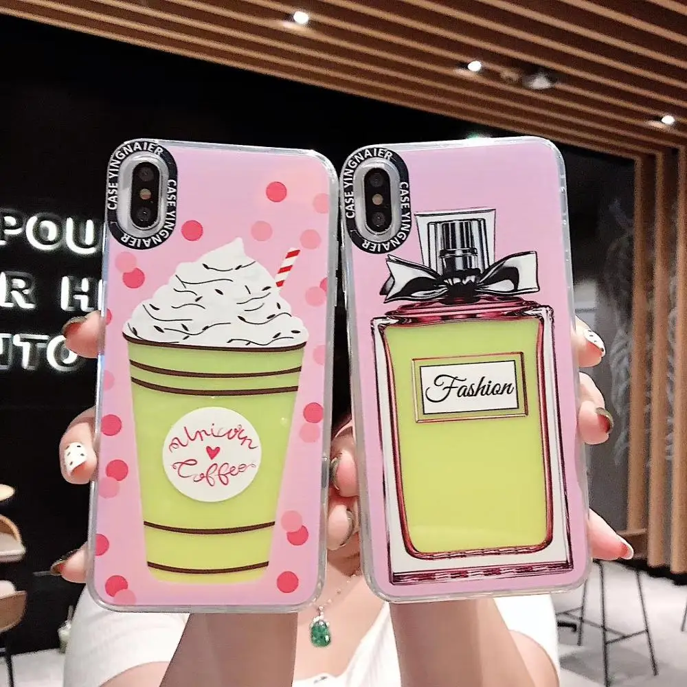 

New Neon Sand Liquid Case For iPhone XS Max XR XS Quicksand Back Cover perfume bottle Luminous Sand Liquid Case For iPhone 7 8 6