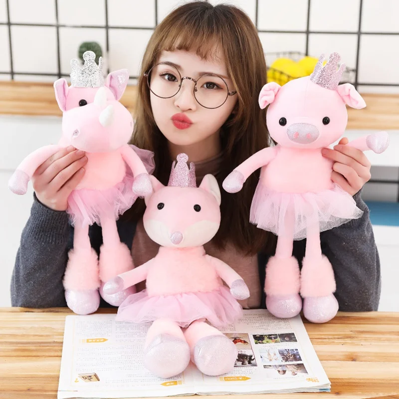 

New 38cm Cute Pink Pig Fox Rhinoceros Crown Plush Toys Kawaii Soft Stuffed Pillow Lovely Doll Kids Girls Birthday Gift for Child