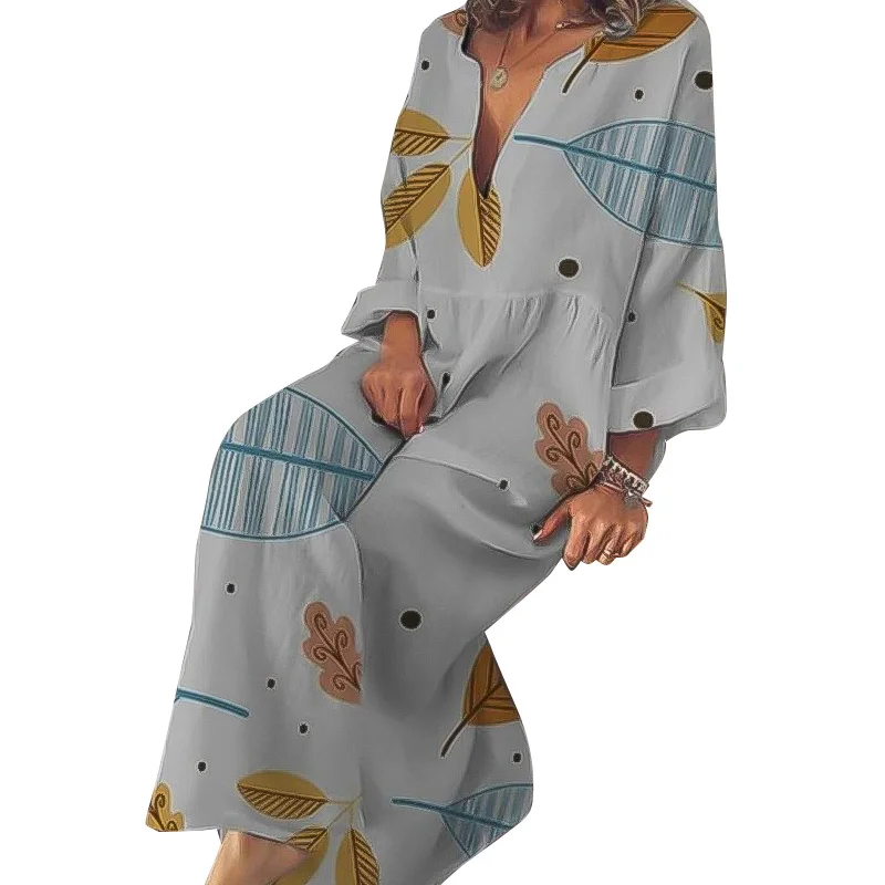 

Fashion Bohemian V-neck Print Loose Long-sleeved Dress Long Dress Boho Style Women Clothes Vestido Dress Plus Size Women Winter