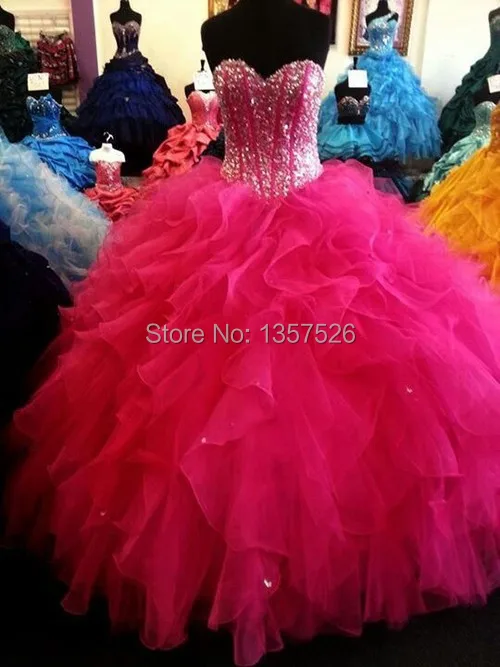Sparkling 2017 Fuchsia Jurken Crystal sweetheart backless pageant gown volledige lengte ruffle baljurk prom dress