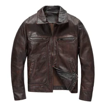 Мужская Ретро винтажная коричневая натуральная кожаная куртка размера плюс XXXL настоящая Толстая воловья кожа зимняя повседневная кожаная куртка