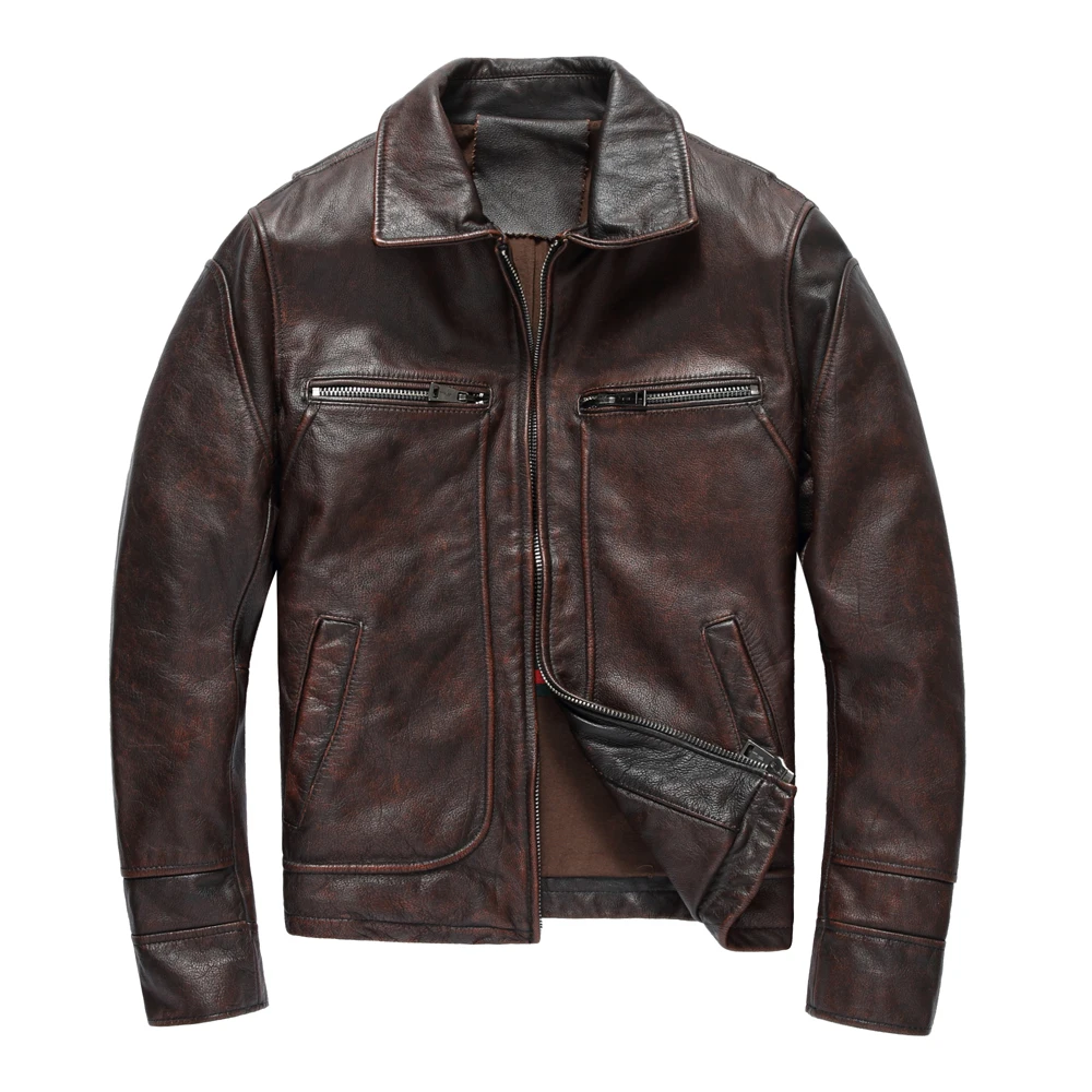 

2018 Men Retro Vintage Brown Genuine Leather Jacket Plus Size XXXL Real Thick Cowhide Winter Casual Leather Coat FREE SHIPPING