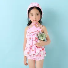 USEEMALL/купальный костюм из двух предметов с изображением фламинго для детей; детские купальные костюмы для девочек; детская одежда для купания с шапочкой для плавания
