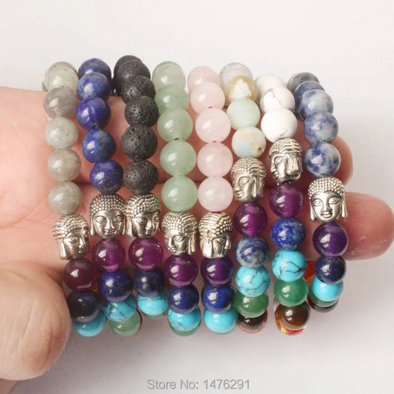 

New 8X8MM Lapis Lazuli Volcano Rose Pink Quartz Labradorite Amazonite Round Beads Buddha Stretchy Bracelet Bangle 7"L