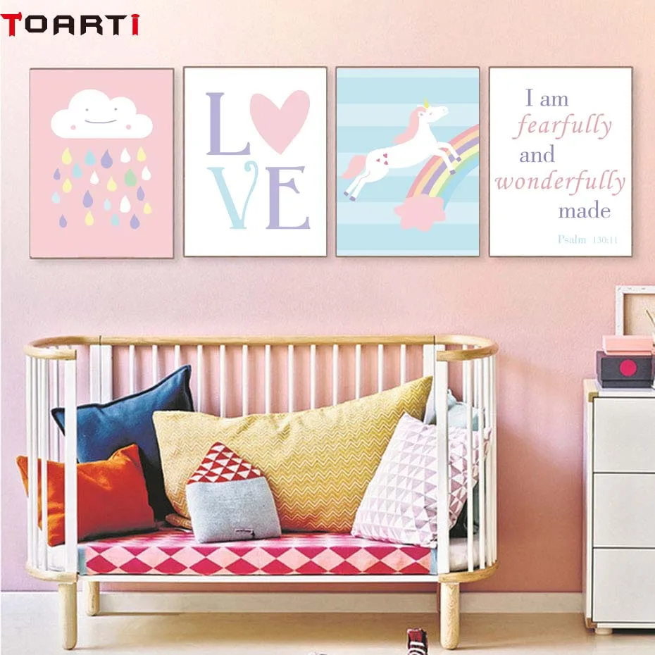 

Love Pastel Color Wall Art Prints Decor Unicorn Rainbow Cartoon Poster Canvas Painting For Girl Nursery Bedroom Modular Picture