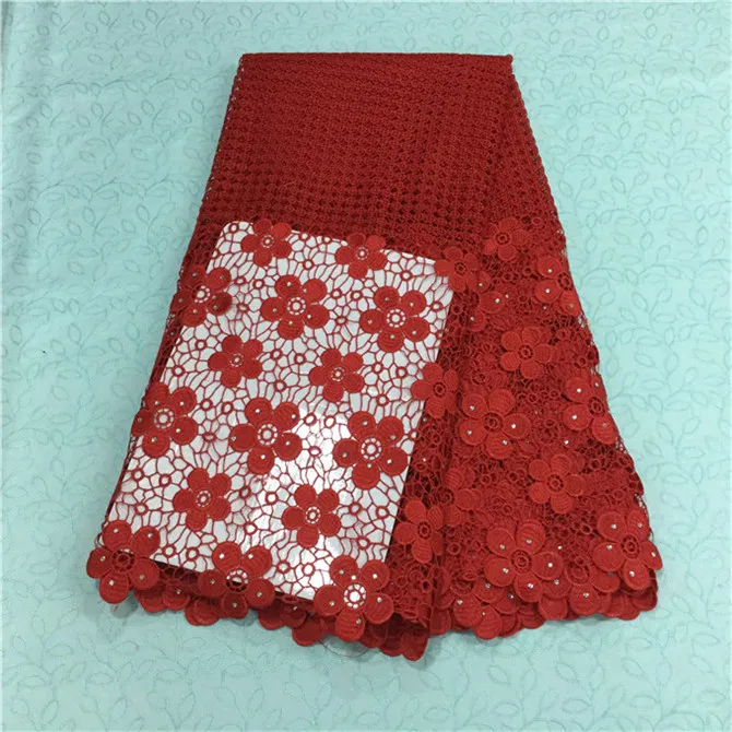 

Gorgeous red african embroidery water soluble lace fabric with red flower guipure lace with beads for party BW15-9,5yards/pc