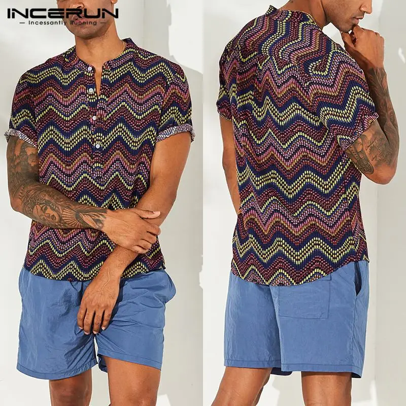 INCERUN Print Men Hawaiian Shirt Stand Collar Camisa Short Sleeve Button Up Tops Vintage Casual Shirts Men Streetwear S-5XL