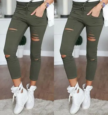 

Fashion Women Destroyed Skinny Ripped Hole Distressed Solid Skinny High Waist Causal Ankle-length Pants Capris