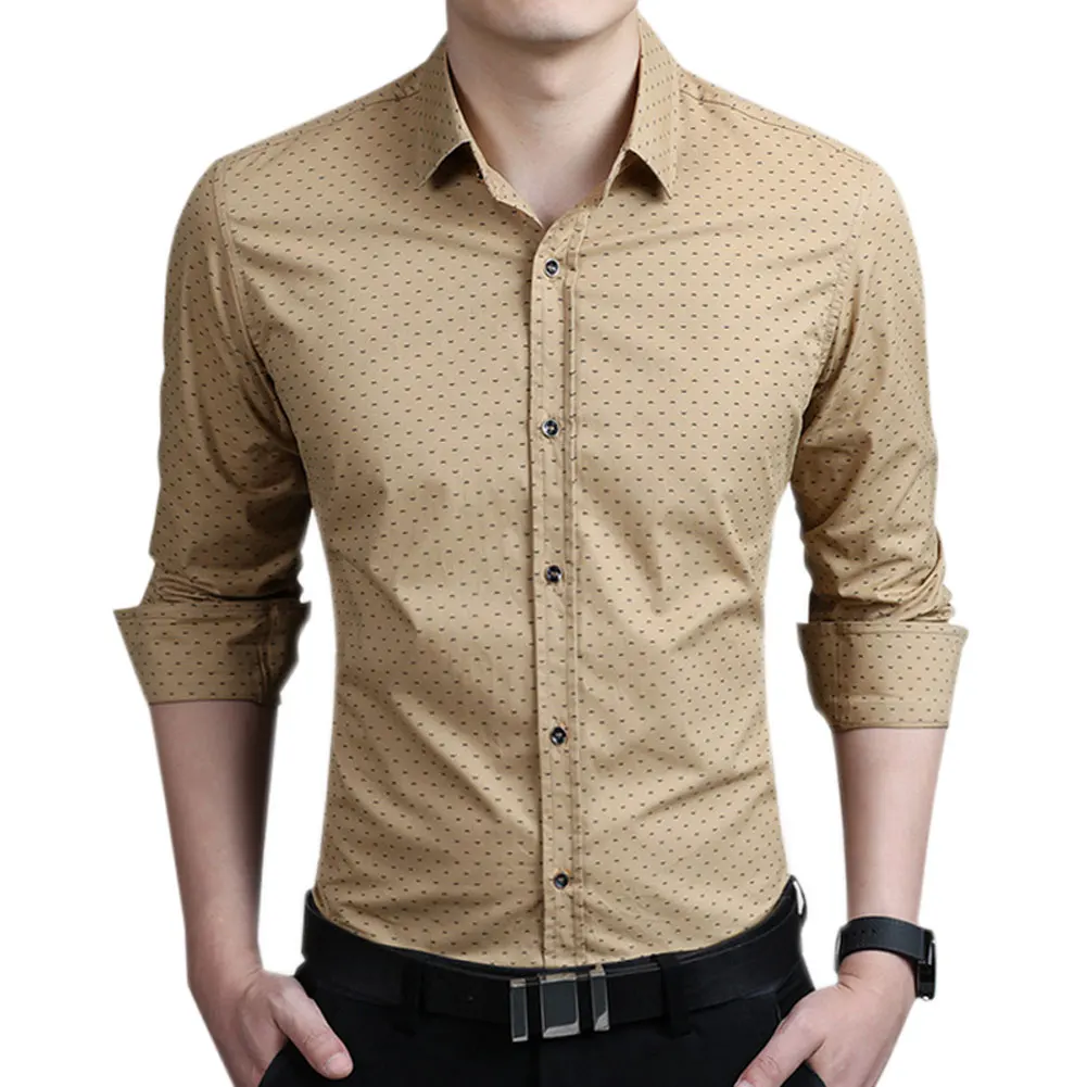 Модные повседневные рубашки в горошек с длинным рукавом, приталенная Удобная рубашка с длинным рукавом, мужская деловая рубашка - Цвет: Khaiki