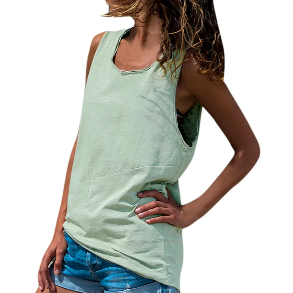

Tank Top Women's Solid T-Shirt Short Sleeveless Solid Color Vest Loose O-Neck Stretch Soft Daily Casual Beach Summer Tank Top