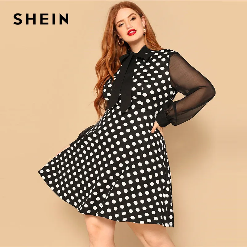 

SHEIN Bow Tie Neck Sheer Sleeve Polka Dot Plus Size Women Knee-Length Dress Bishop Sleeve High Waist A Line Party Dresses