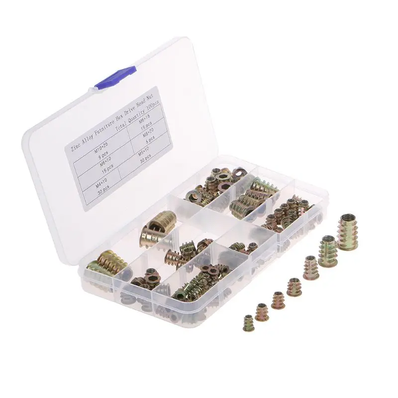 

100Pcs Zinc Alloy Furniture Hex Socket Screw Inserts M4 M5 M6 M8 M10 Threaded Hex Drive Inserts Wood Screw Inserts Nuts Tool Kit