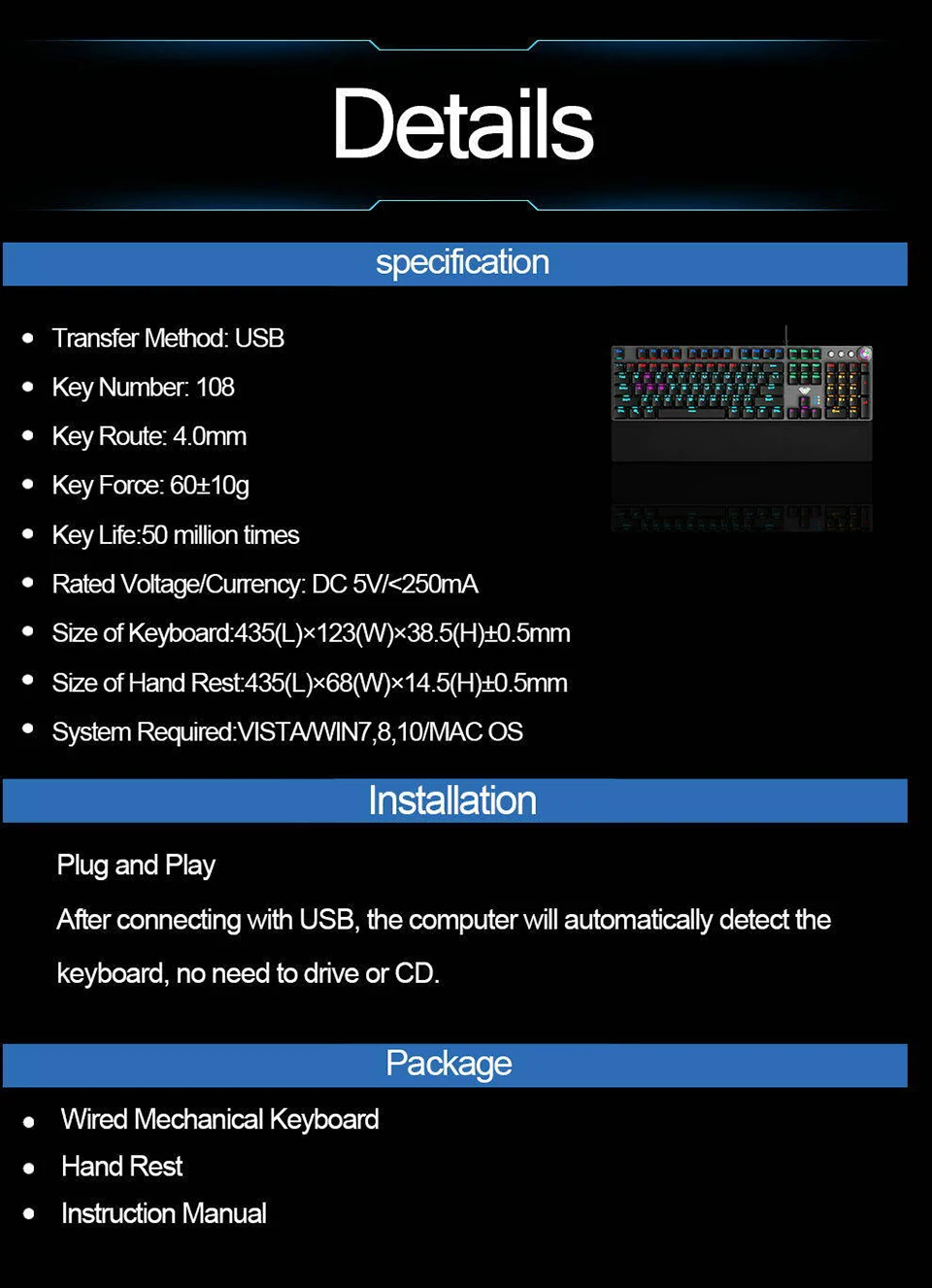 AULA механическая клавиатура металлическая панель RGB подсветка USB Проводная для ПК ноутбука Компьютерная подставка для запястья игровая клавиатура#2088