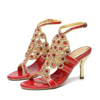 

2019 Summer Red Crystal Vine Pattern Sandals Non-slip Joker Fashion Stiletto High Heels Wedding High Heels