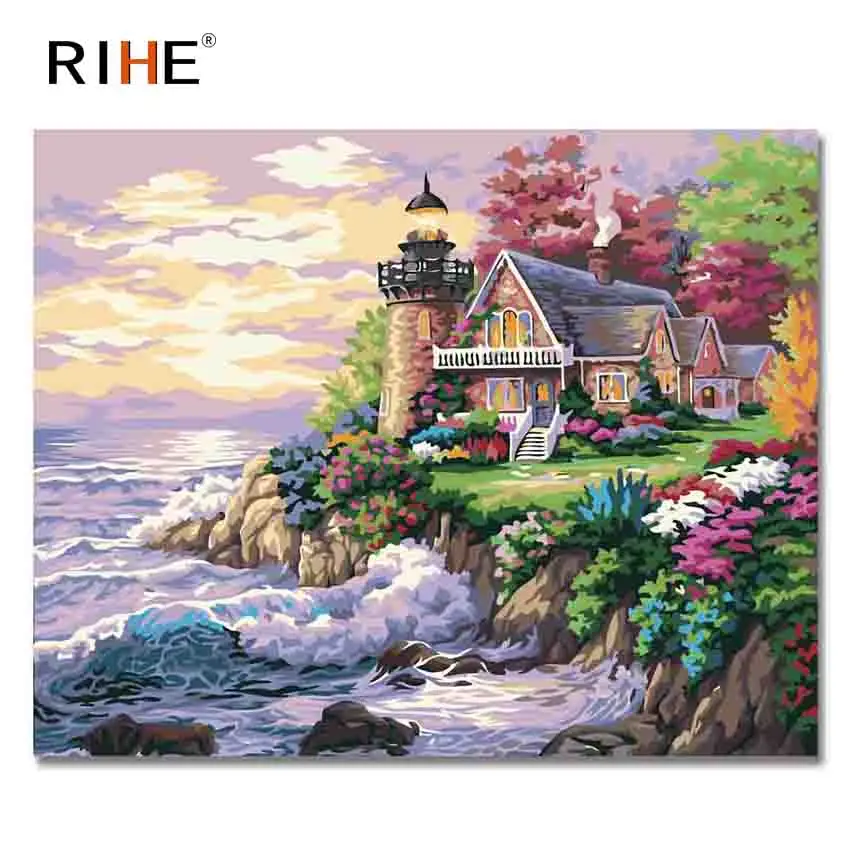 

RIHE Seaside House Diy Painting By Numbers Abstract Sun Oil Painting On Canvas Cuadros Decoracion Acrylic Wall Picture For Room