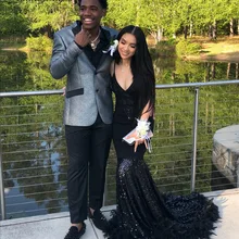 Пикантные тонкие бретельки с v-образным вырезом Русалка черные Выпускные платья с перьями Поезд Блестящие Блестки африканские вечерние платья для выпускного вечера