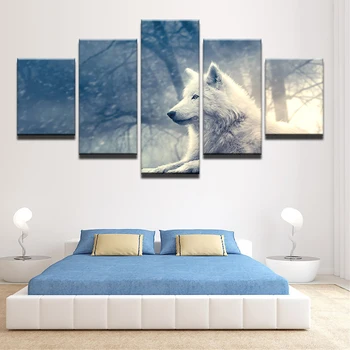

Living Room Wall Art Pictures HD Printed Home Decoration 5 Panel Forest White Fox Modern Painting On Canvas Posters Framework