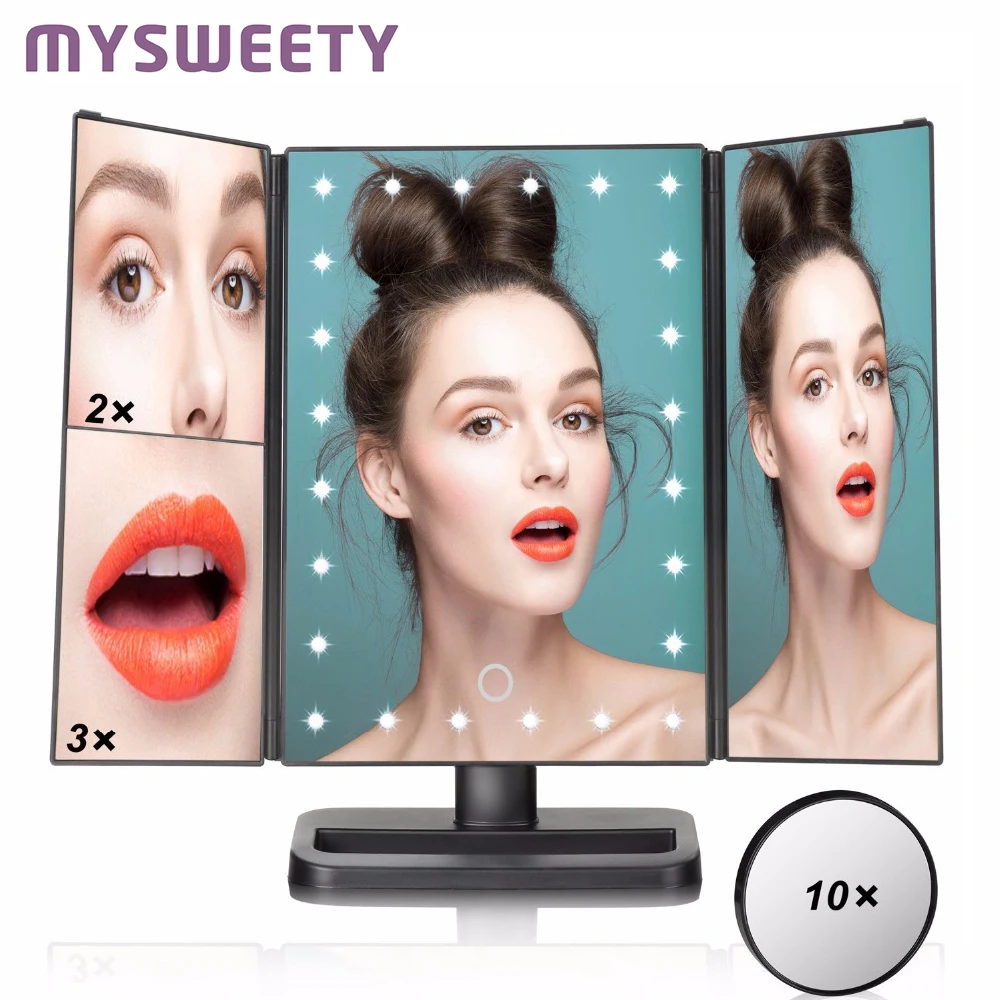 

Tri-Fold mirror with led lights Upgraded 24 LEDs Tri-fold makeup mirror with lights Touch Dimmable Memory Function