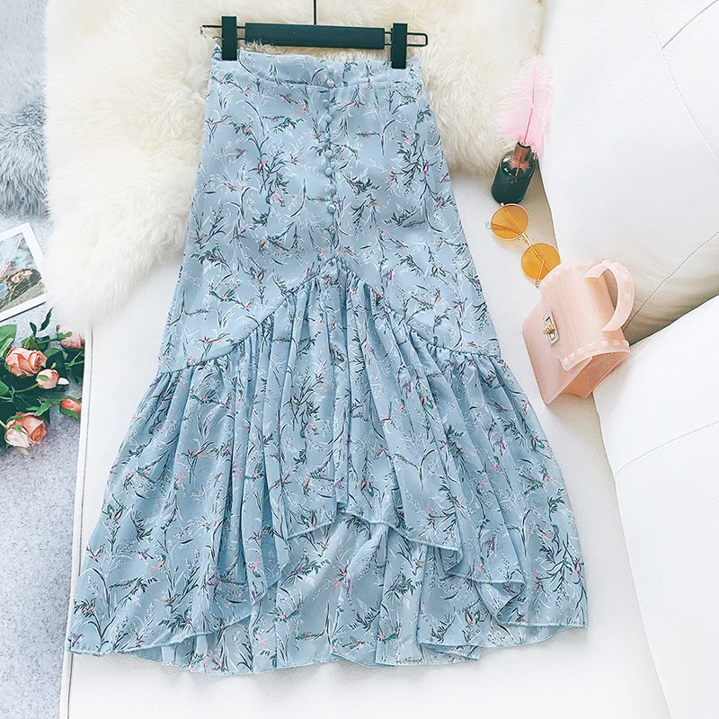 

2019 Mermaid Skirts Women Chiffon Skirt Summer Flower Print Elegant Skirt Ladies Vintage High Waist A-Line Skirts Streetwear