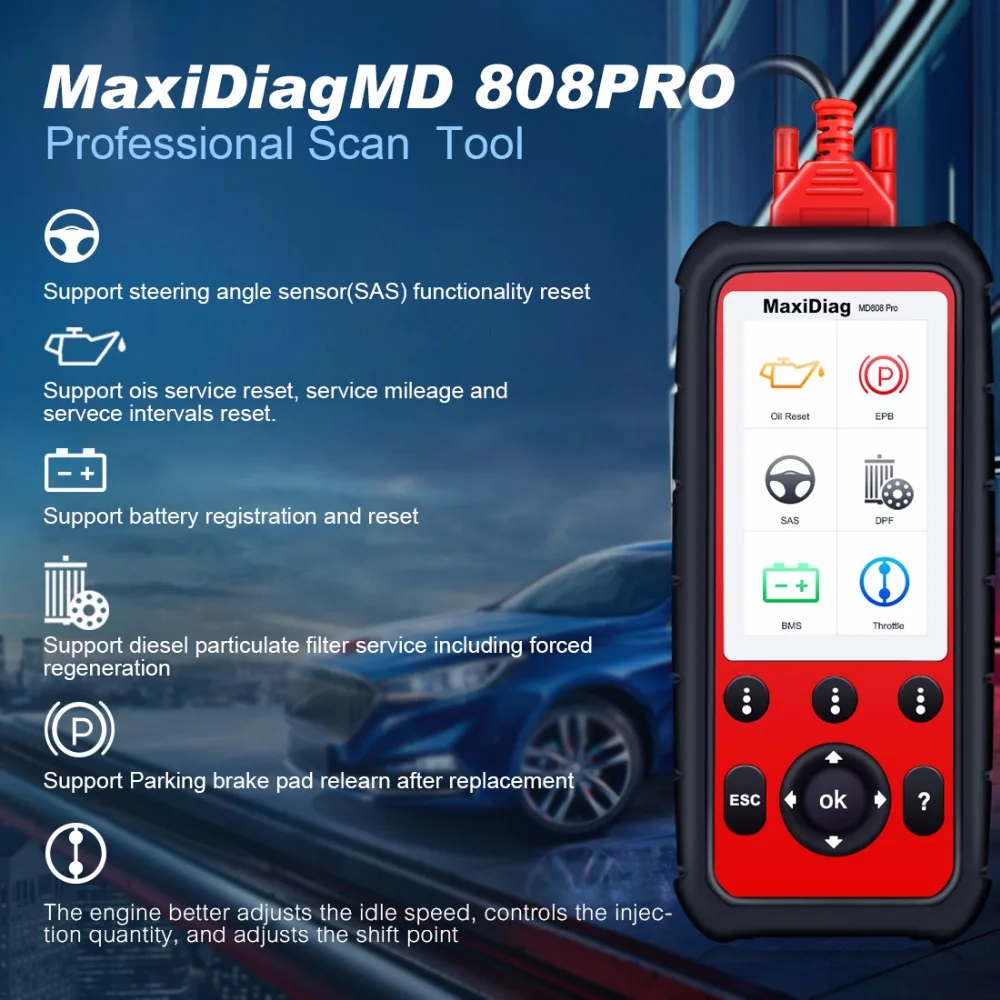 Autel MaxiDiag MD808 Pro with 5ft Extension Cable All System OBDII Scanner Advanced MaxiCheck Pro and MD802 Parking Brake Pad Relearn,SAS,SRS,ABS,EPB,DPF,BMS Oil and Battery Reset Registration 