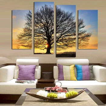 

4 Panel Modern Printed Tree Painting Picture Cuadros Sunset Canvas Painting Wall Art Home Decor For Living Room No Frame
