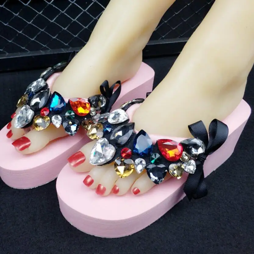 

2019 New Arrival Fashion Crystal Platform Women Slippers Lady Sexy Rhinestone Wedges High Heels Slides Big Size Shoes