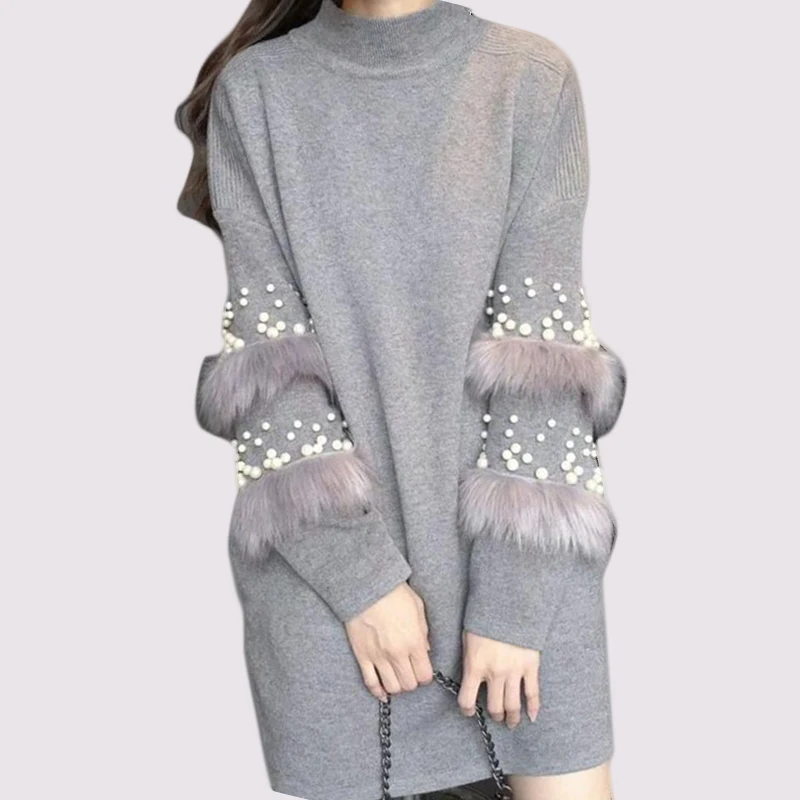 fur sleeve jumper dress
