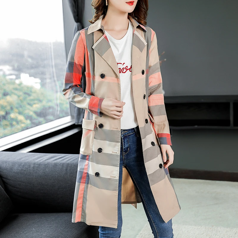 

HANZANGL autumn winter Coats fashion lattice double breasted Full windbreaker waist slim Career OL temperament Trench Outerwear