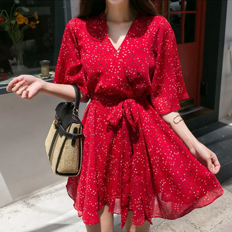 

Wixra Dot Print Short Sleeve Dress Women Korean Chic Sweet V Neck Lace up Short Dresses 2019 Spring Summer Hot