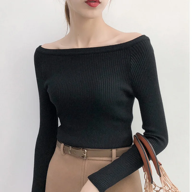 Slash Neck Sweater Women Elastic Sexy Slim Fit Pullover 2018 Autumn Winter New Female Knitted Bottoming Solid Long Sleeve Tops